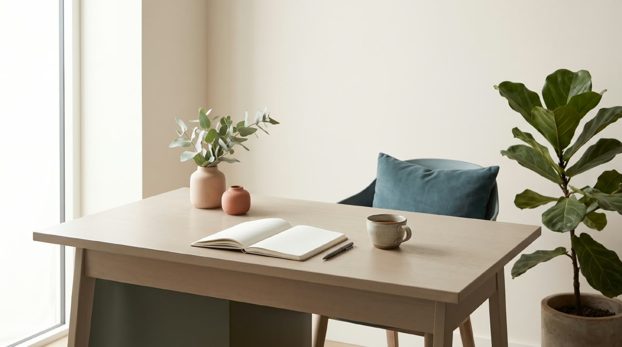 Mesa de madeira clara com caderno aberto, caneta, xícara e vaso com eucalipto, em luz suave de fim de dia